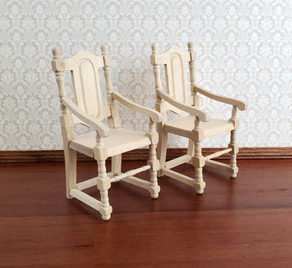 Dollhouse Miniature Arm Chairs Dining Room Set of 2 Unpainted Wood 1:12 Scale