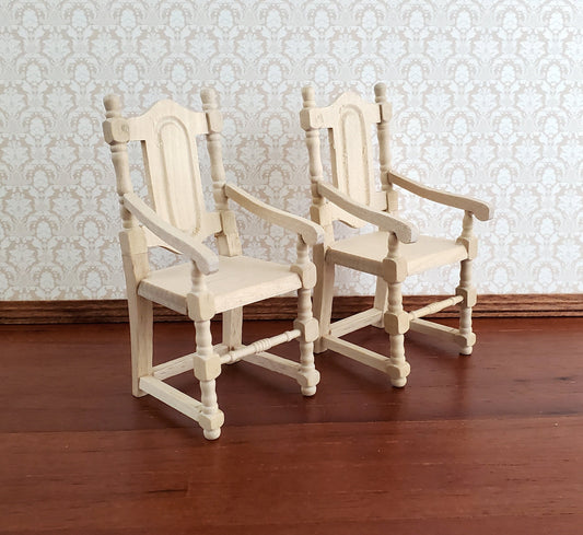 Dollhouse Miniature Arm Chairs Dining Room Set of 2 Unpainted Wood 1:12 Scale