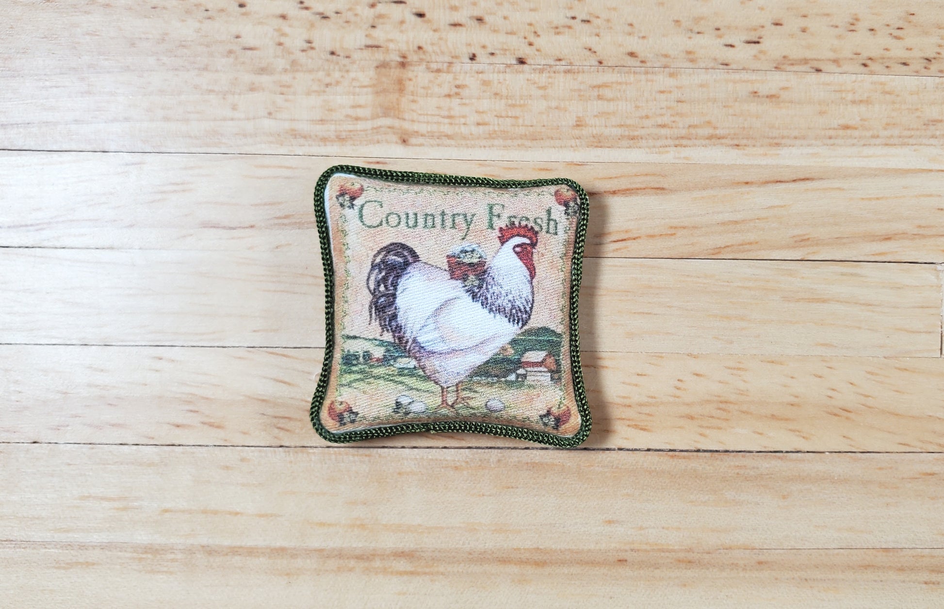 Dollhouse Country Rooster Pillow Green Trim Handmade 1:12 Scale Miniature