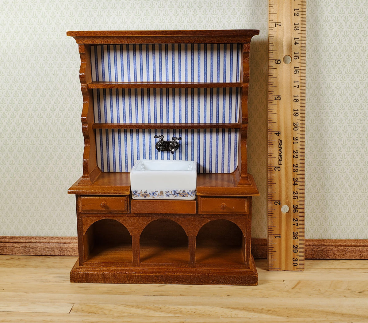 Dollhouse Reutter Sink Cabinet Walnut Blue Onion 1:12 Scale Miniature Kitchen