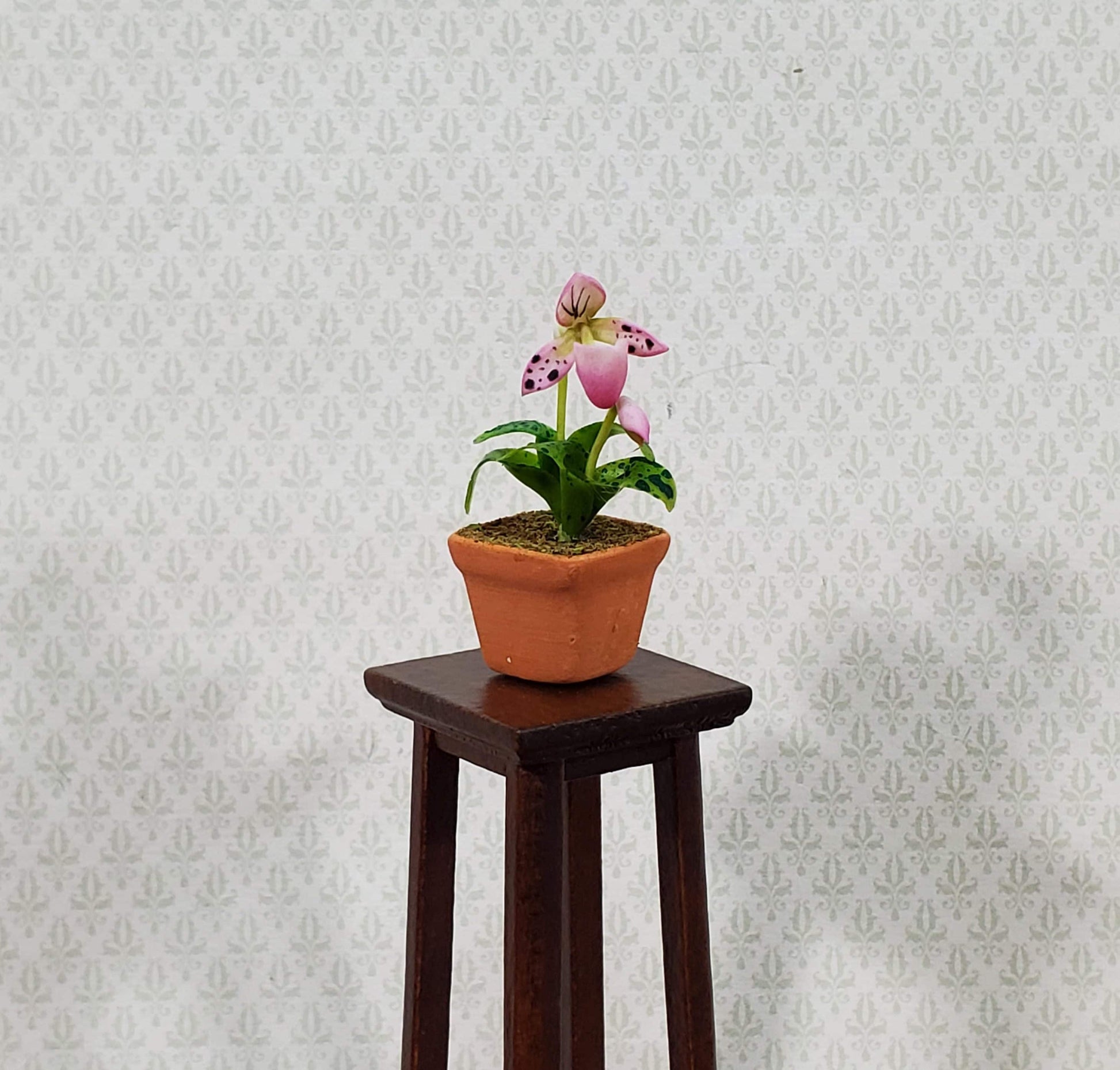 Dollhouse Potted Orchid Pink & White Flowering Plant 1:12 Scale Miniature