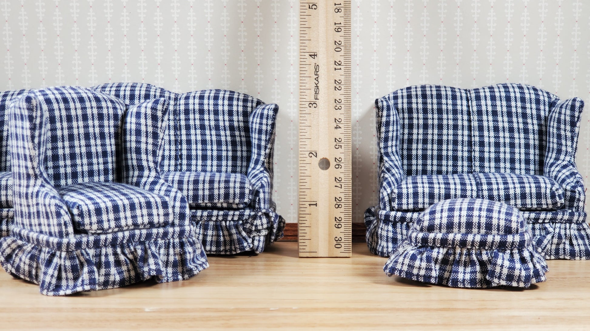 Dollhouse Living Room Set 4 pc Navy Blue Plaid 1:12 Scale Miniature Furniture