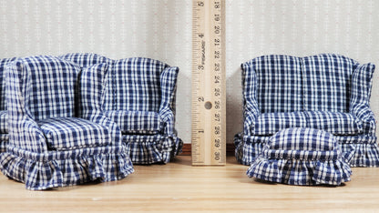 Dollhouse Living Room Set 4 pc Navy Blue Plaid 1:12 Scale Miniature Furniture