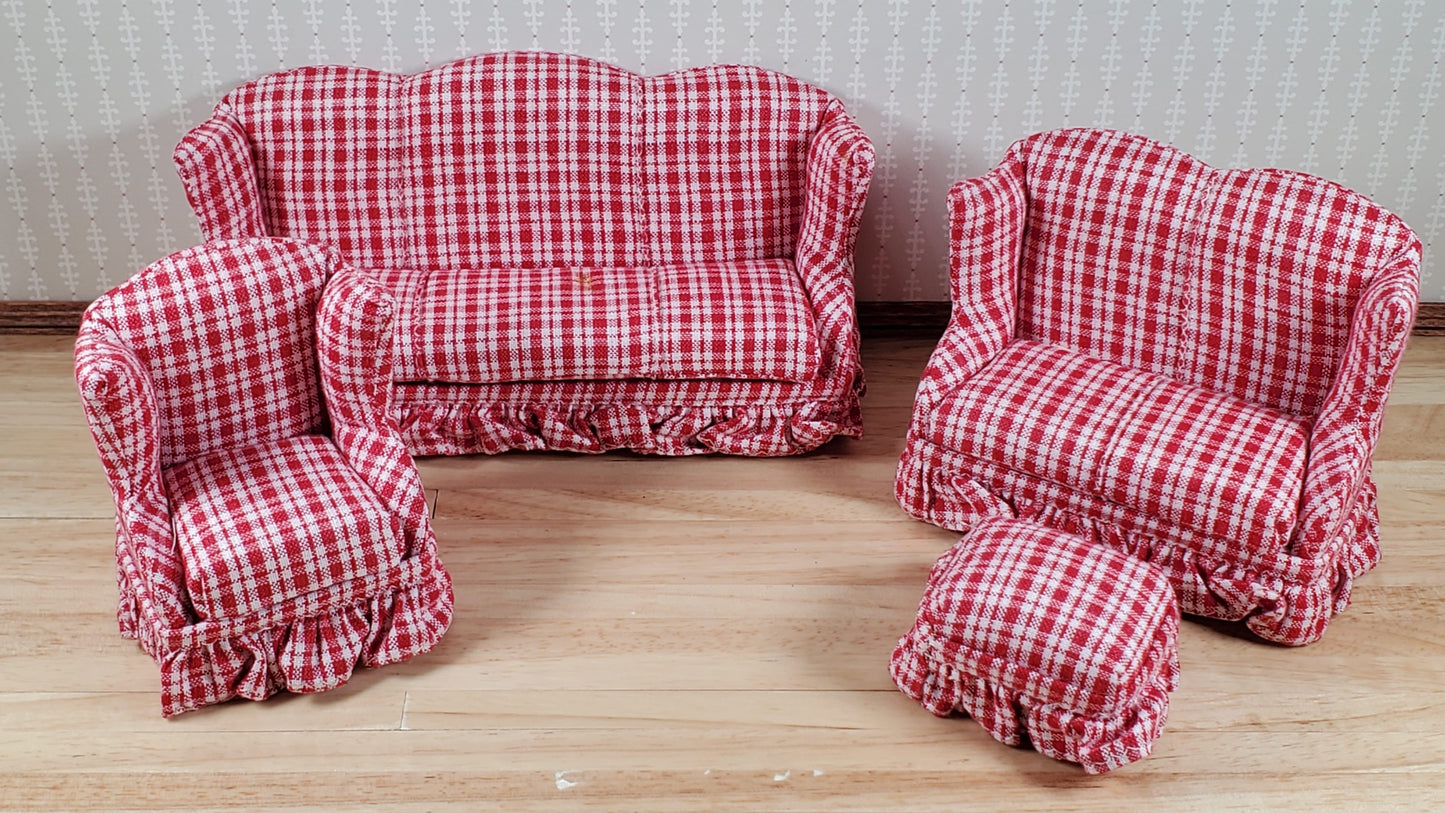 Dollhouse Living Room Set 4 pc Red Plaid 1:12 Scale Miniature Furniture