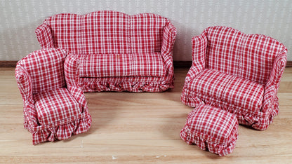 Dollhouse Living Room Set 4 pc Red Plaid 1:12 Scale Miniature Furniture