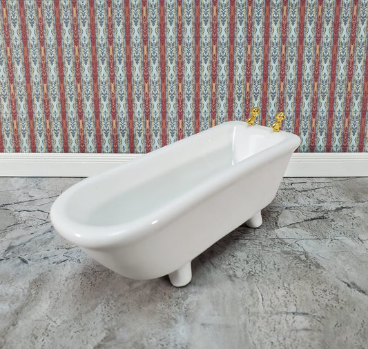 Dollhouse Bathtub Gold Faucets White Ceramic 1:12 Scale Miniature Bathroom Tub