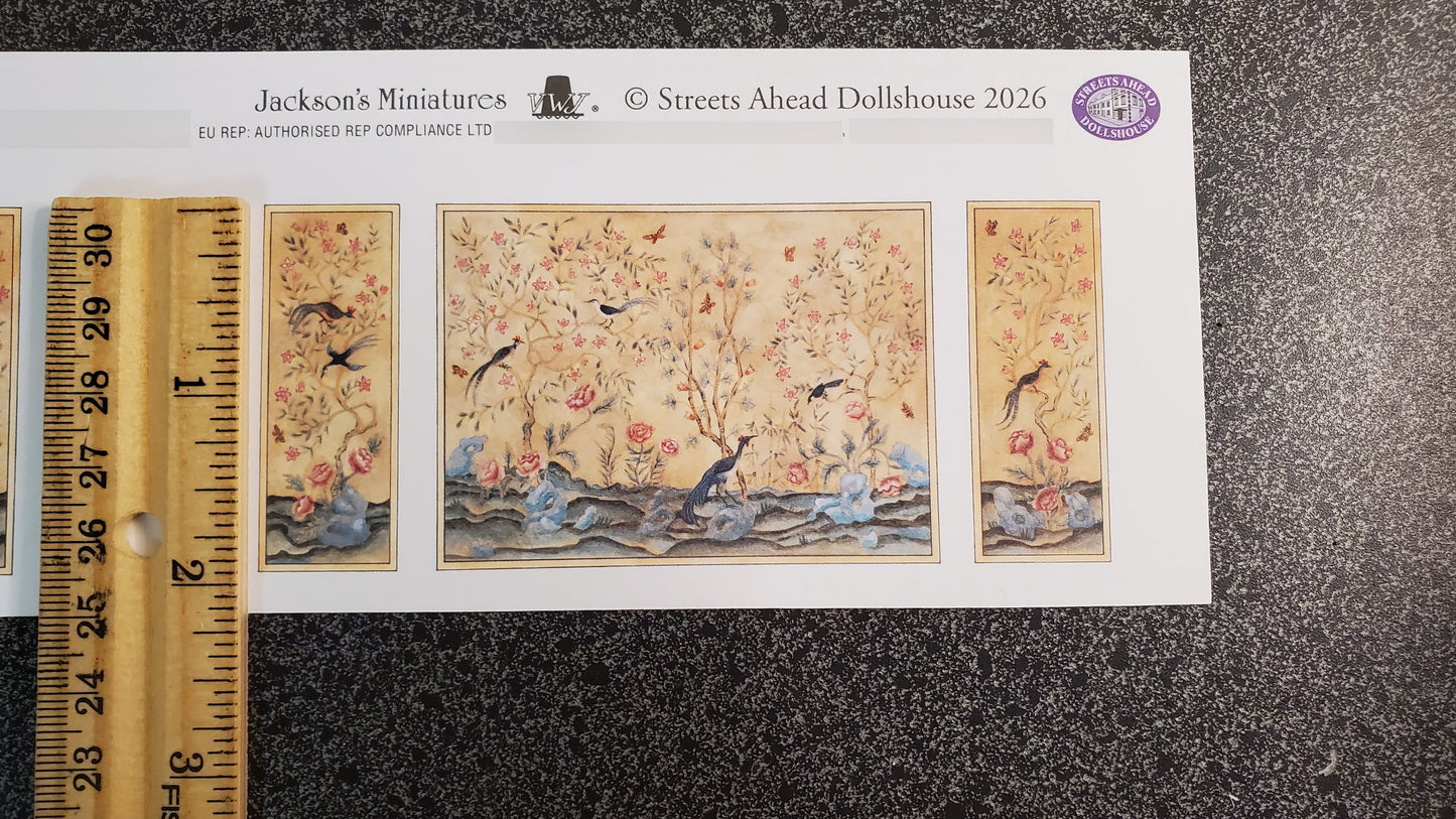 Dollhouse HALF SCALE Mural Birds and Flowers Wall Panels 3 Pieces 1:24 Wallpaper