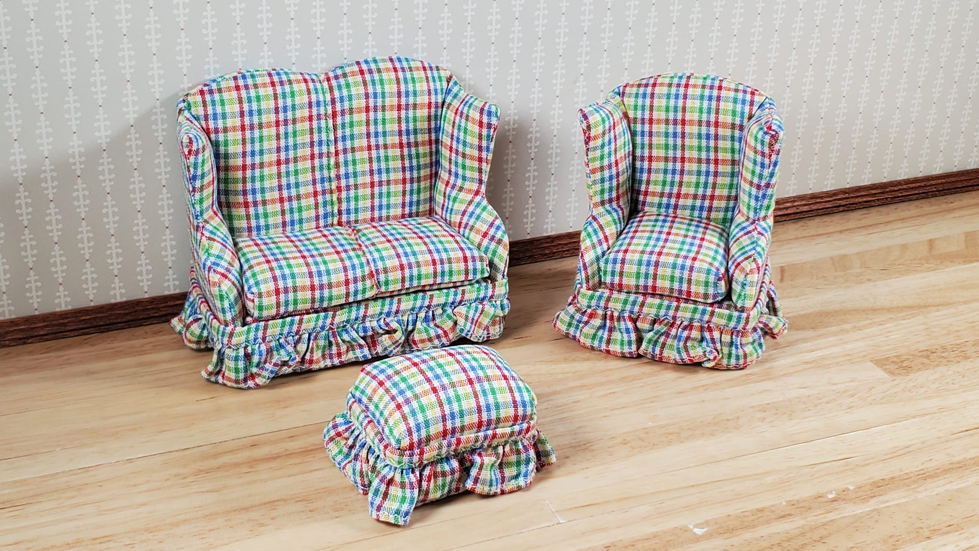 Dollhouse Small Sofa Chair Ottoman Rainbow Plaid 1:12 Scale Miniature Furniture