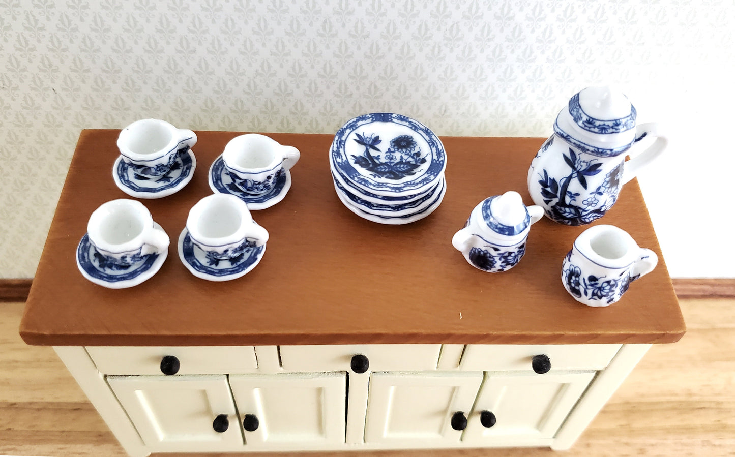 Dollhouse Coffee Tea Set Ceramic Pot Plates Cups Saucers 1:12 Scale Miniatures