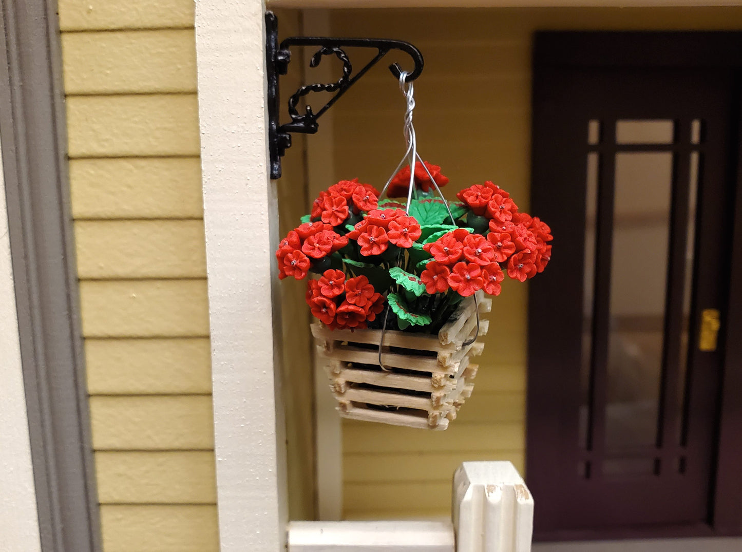 Dollhouse Red Geraniums in a Wood Hanging Basket 1:12 Scale Miniature
