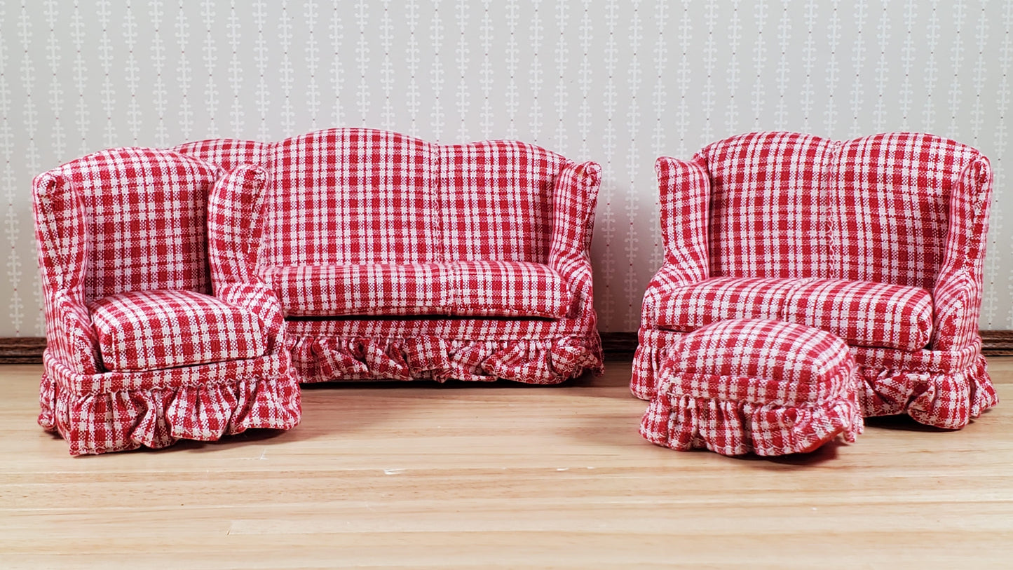 Dollhouse Living Room Set 4 pc Red Plaid 1:12 Scale Miniature Furniture