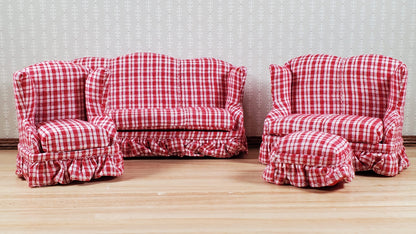 Dollhouse Living Room Set 4 pc Red Plaid 1:12 Scale Miniature Furniture
