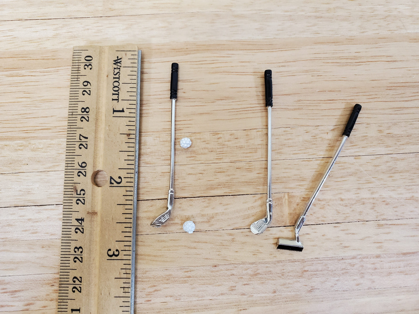 Tiny Miniature Golf Clubs Set of 3 Clubs Metal 2 1/2" Long and Golf Ball Putter Driver