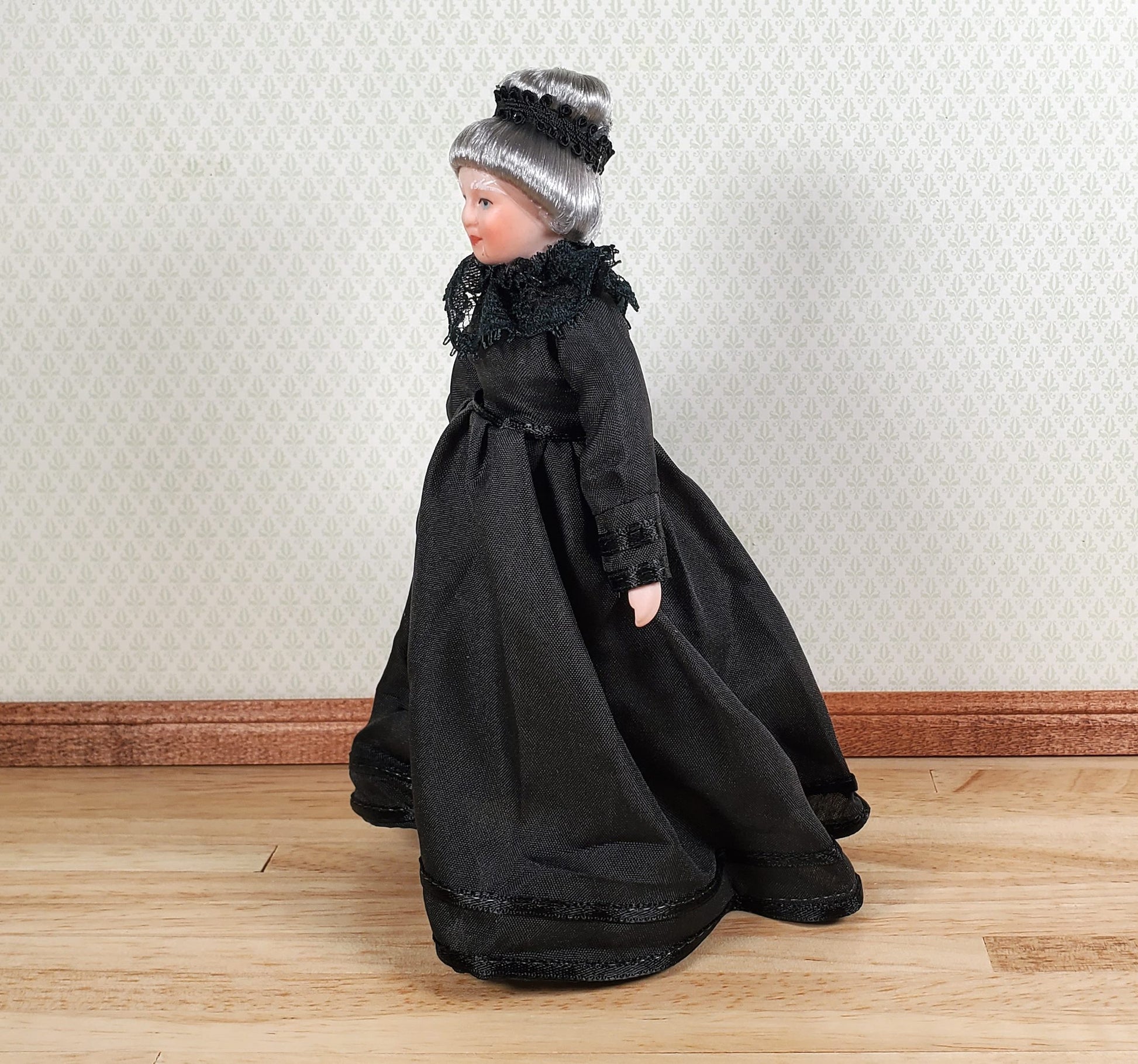Dollhouse Miniature Grandma Porcelain Doll Victorian Black Dress 1:12 Scale