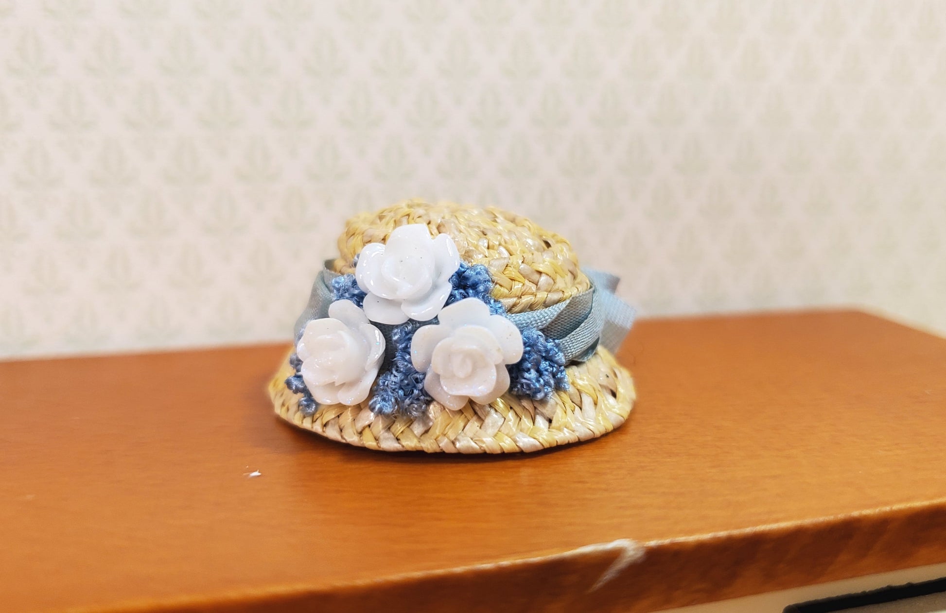 Dollhouse Victorian Hat Tan with White Roses Handmade 1:12 Scale Miniature