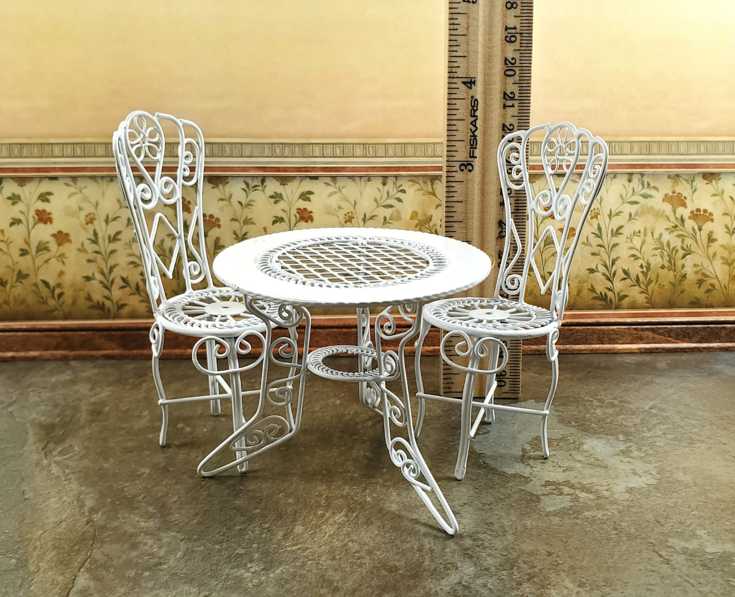 Dollhouse Patio Set White Metal Table 2 Chairs 1:12 Scale Fairy Garden Bistro