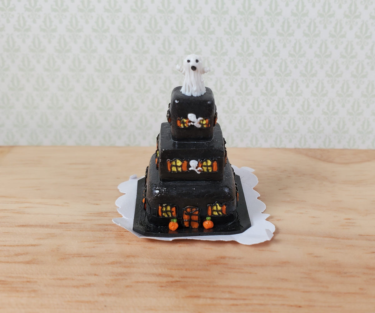 Dollhouse Halloween Mansion with Ghost 3 Tier Cake 1:12 Scale Miniature Dessert