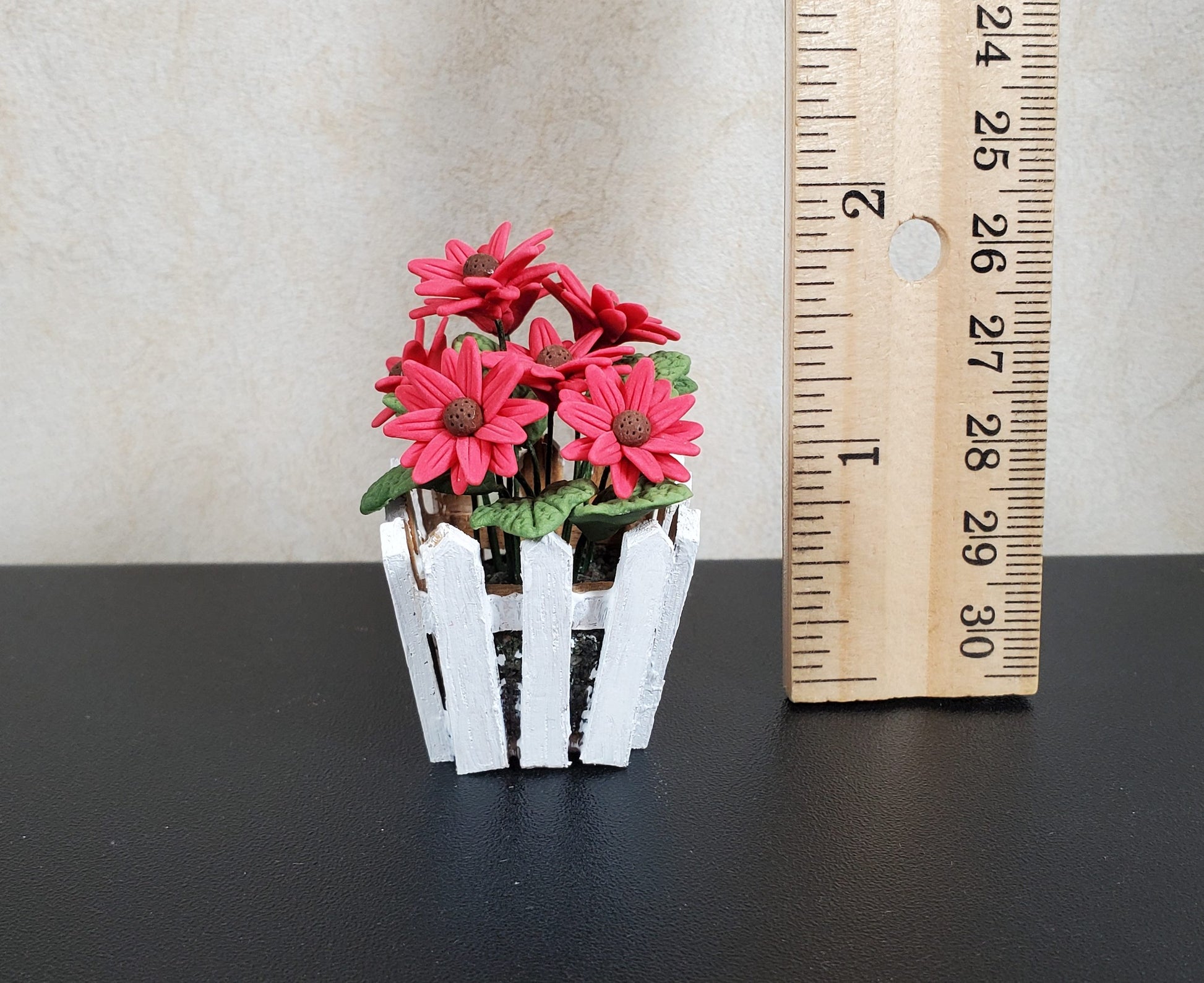 Dollhouse Dark Pink Daisies in a White Wood Picket Planter1:12 Scale Miniature