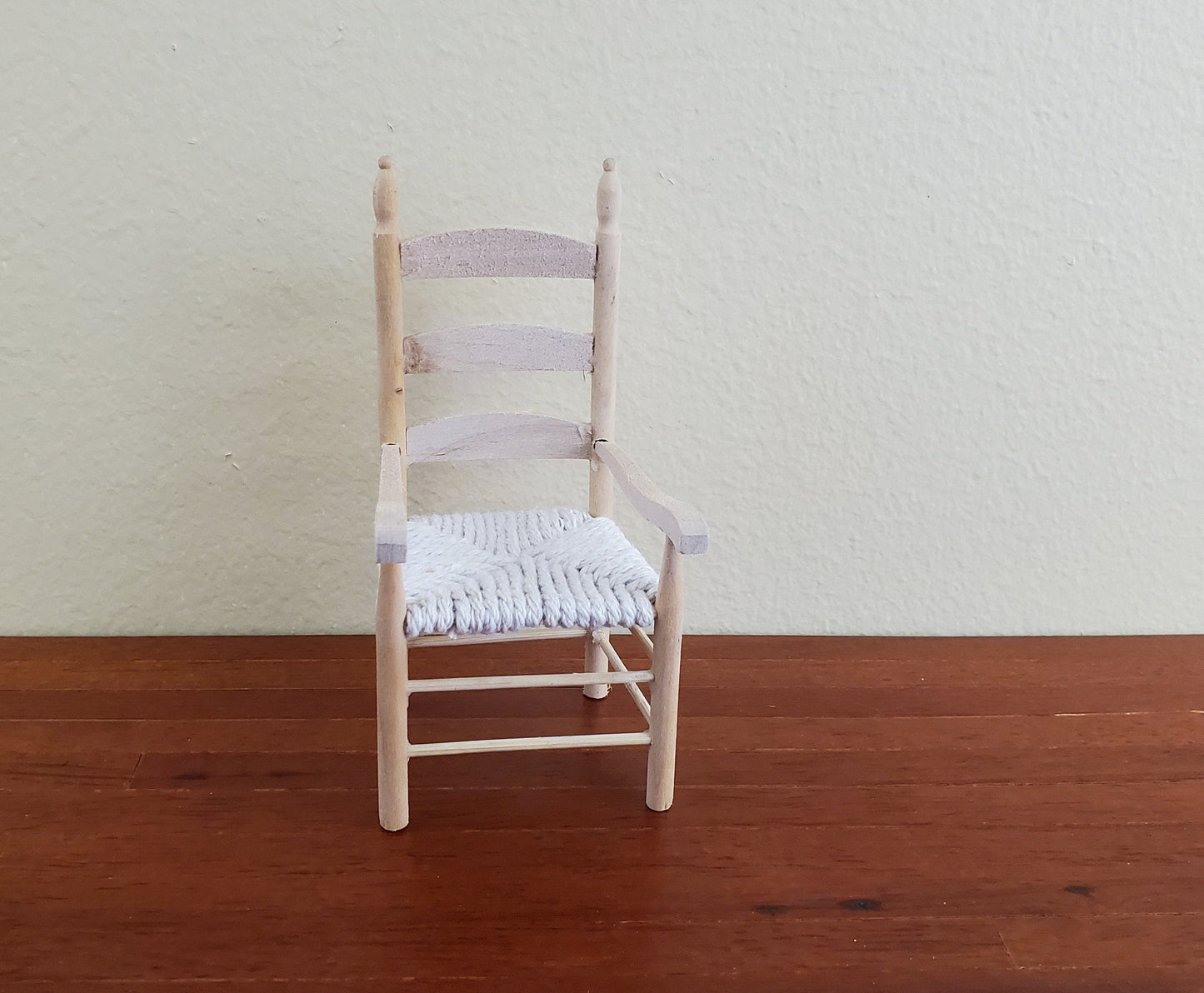 Dollhouse Miniature Ladderback Arm Chair with Rush Seat for Kitchen or Dining Room 1:12 Scale Barewood