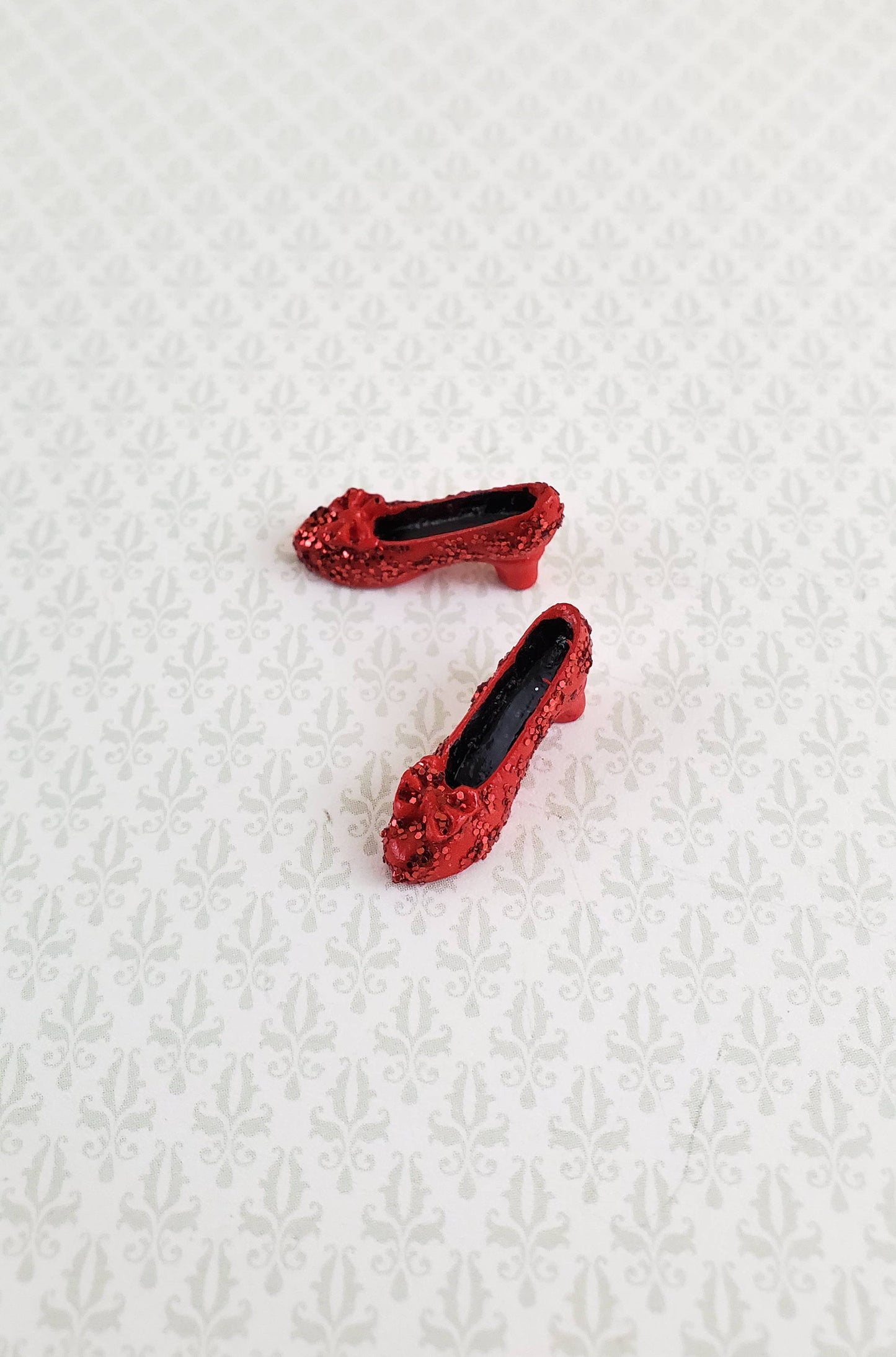 Tiny Miniature Ruby Red Shoes Slippers with Bow & Glitter 1:12 Scale Dollhouse