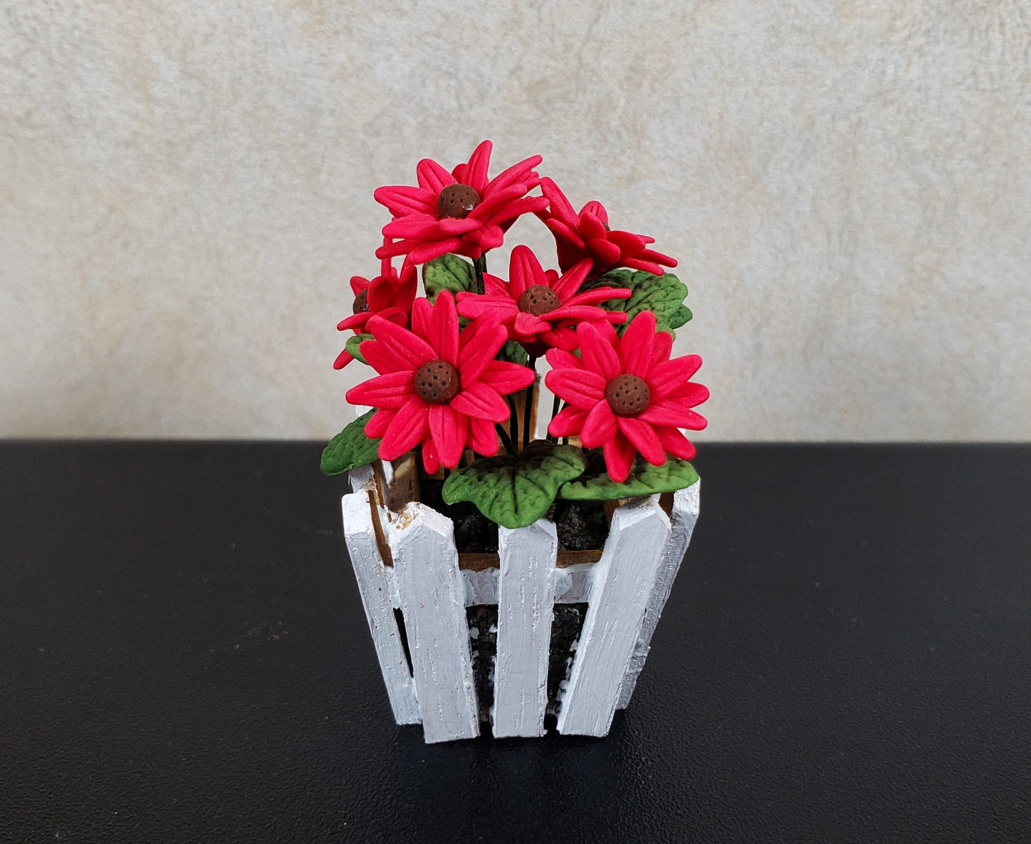 Dollhouse Dark Pink Daisies in a White Wood Picket Planter1:12 Scale Miniature