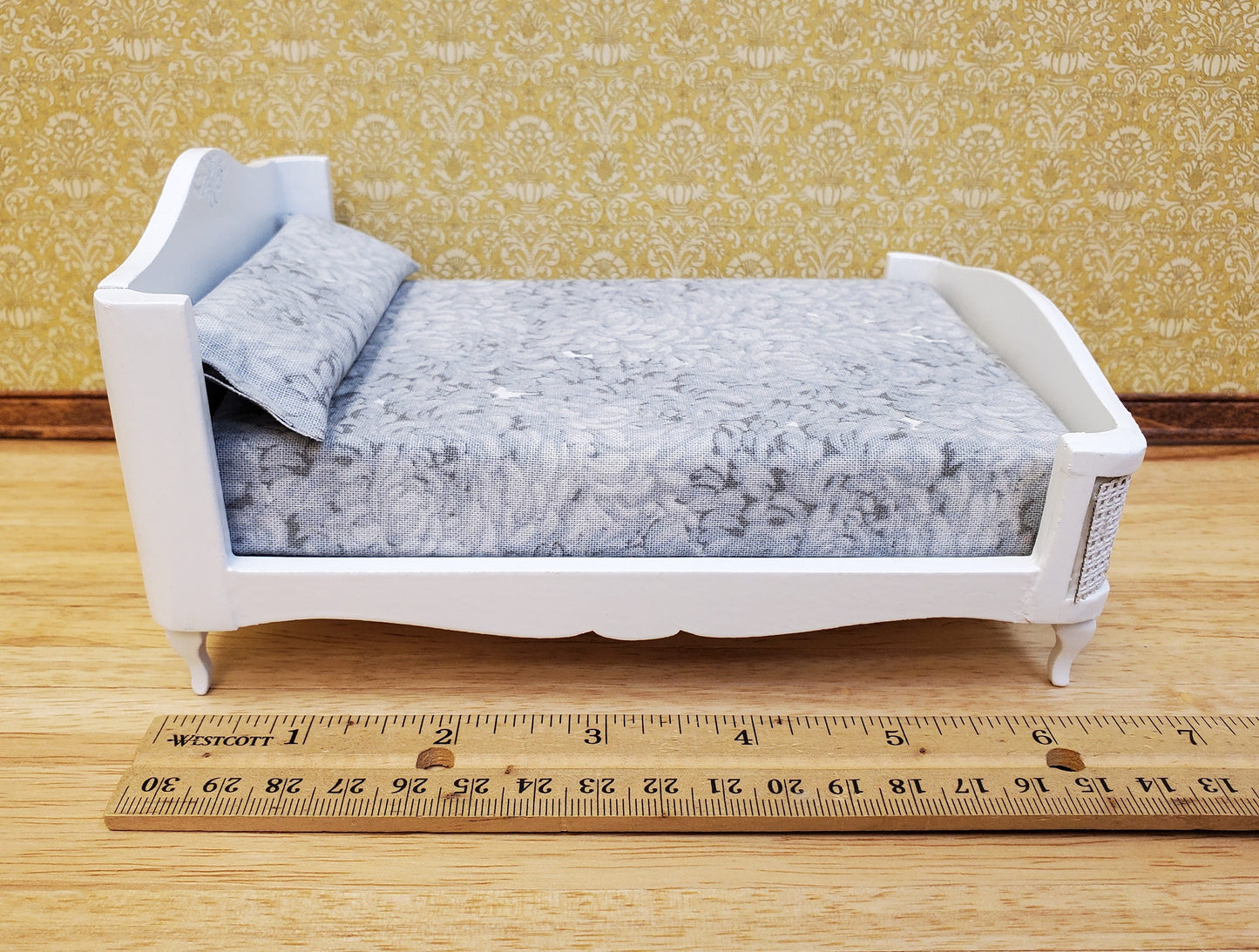 Dollhouse Double Bed White with Grey Bedding 1:12 Scale Bedroom Furniture