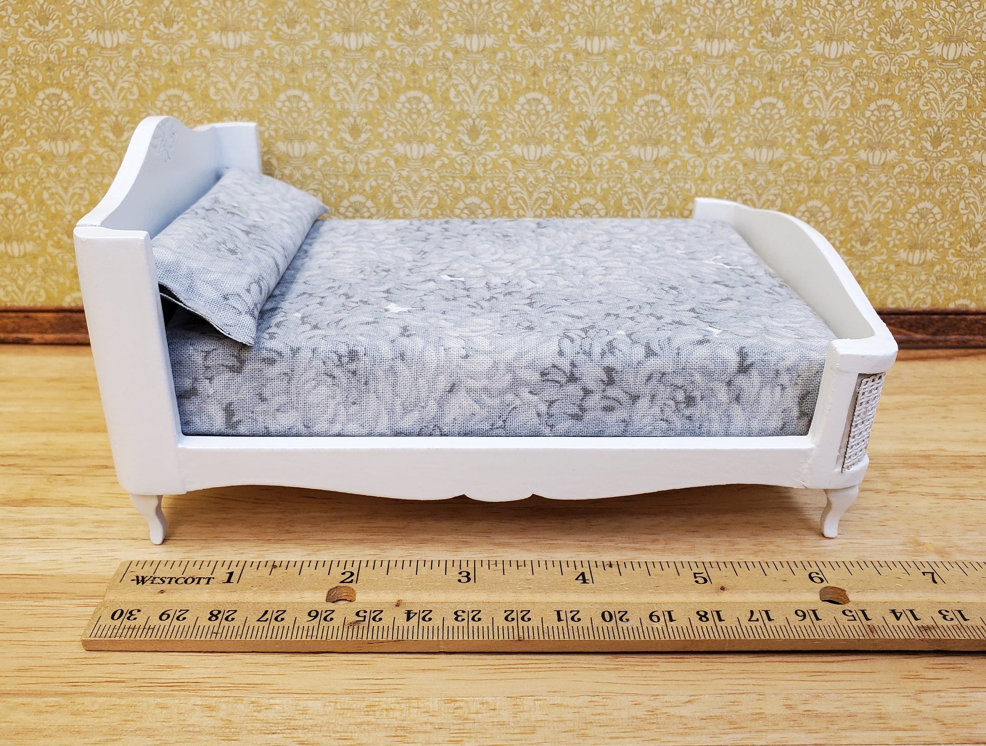 Dollhouse Double Bed White with Grey Bedding 1:12 Scale Bedroom Furniture