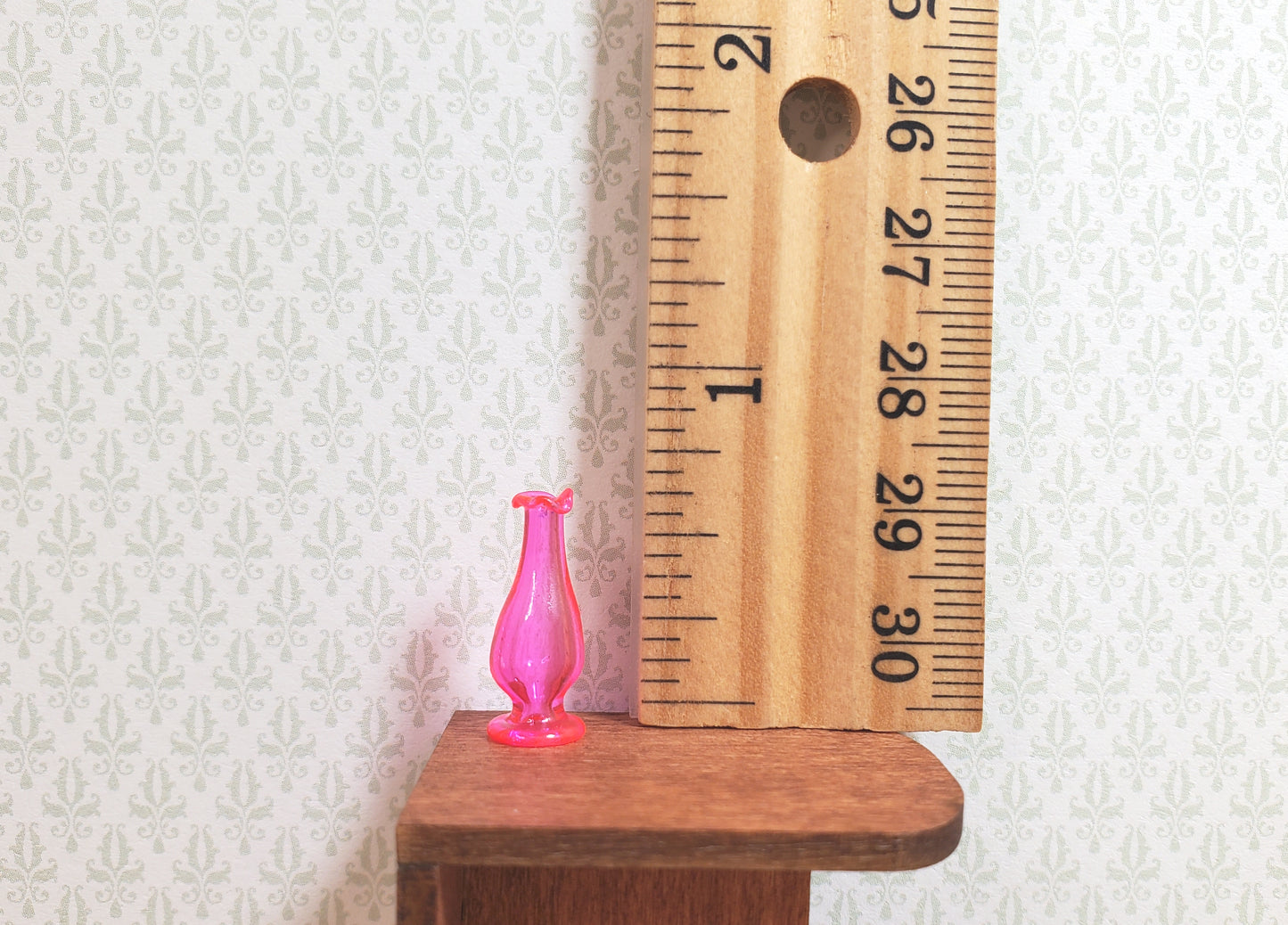 Dollhouse Bright Pink Glass Pedestal Fluted Vase 1:12 Scale Miniature Decoration