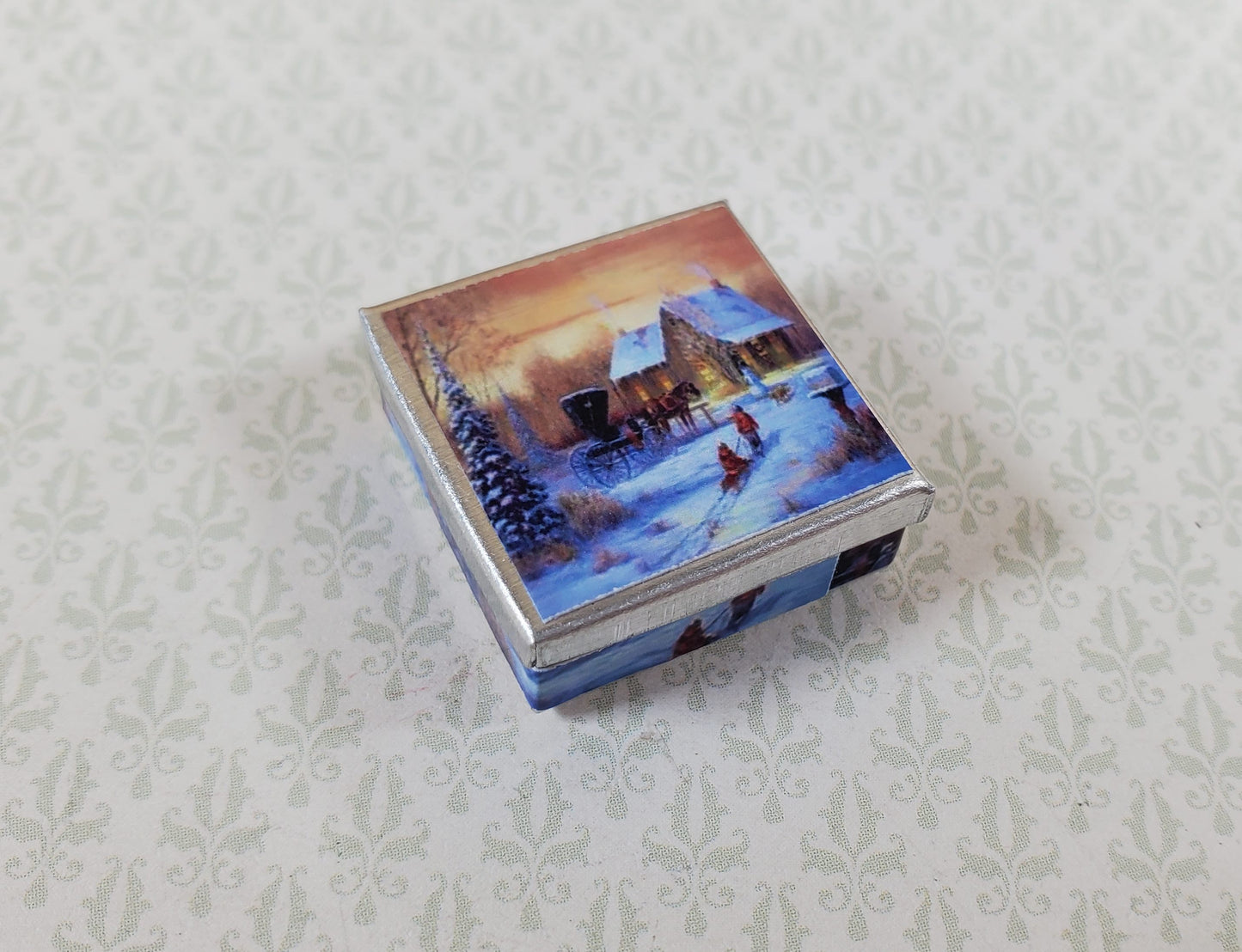 Dollhouse Square Winter Scene Cookie Tin Empty 1:12 Scale Miniature Christmas