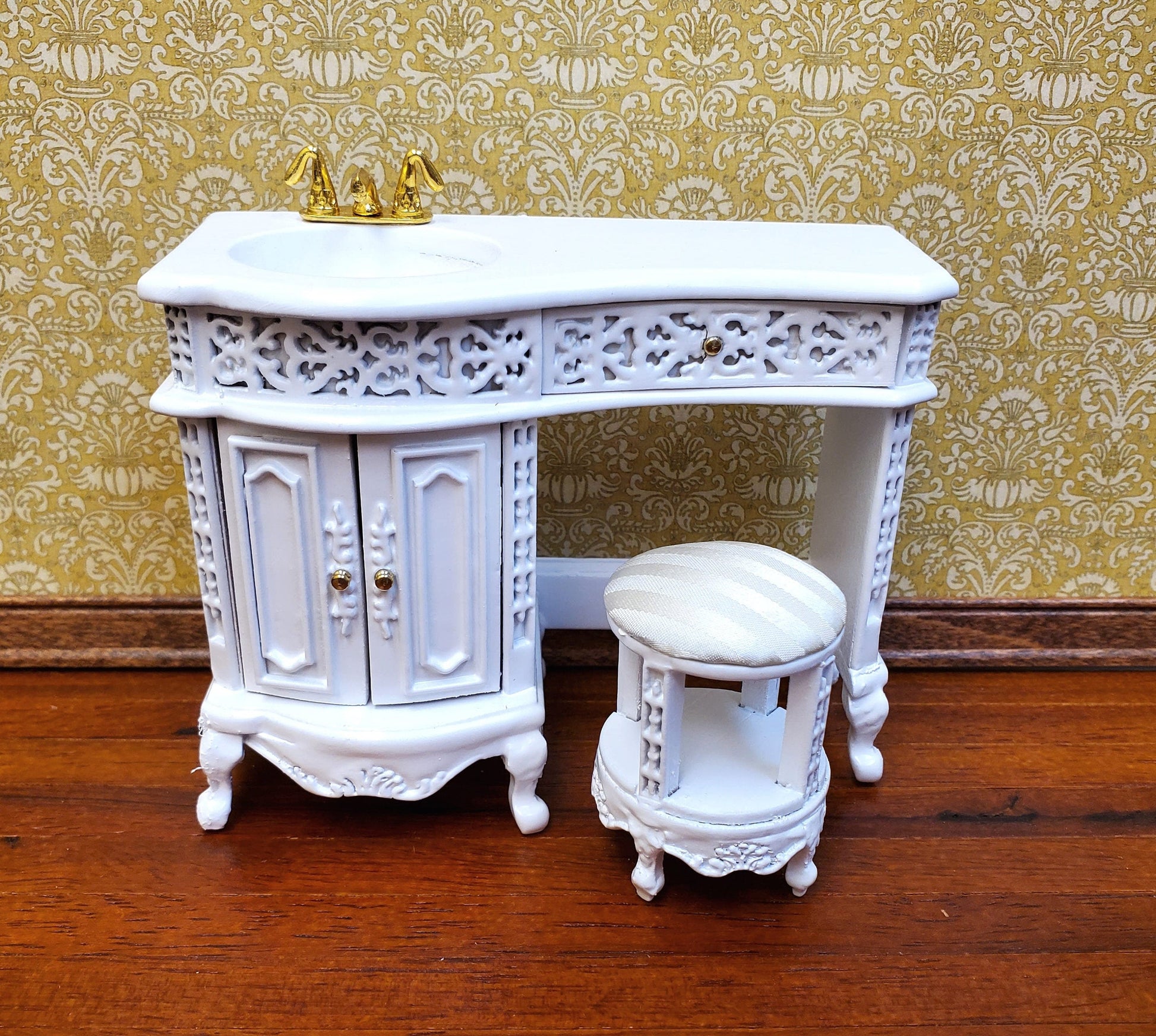 Dollhouse Bathroom Vanity Sink with Stool White Wood 1:12 Scale Miniature Furniture