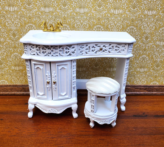 Dollhouse Bathroom Vanity Sink with Stool White Wood 1:12 Scale Miniature Furniture
