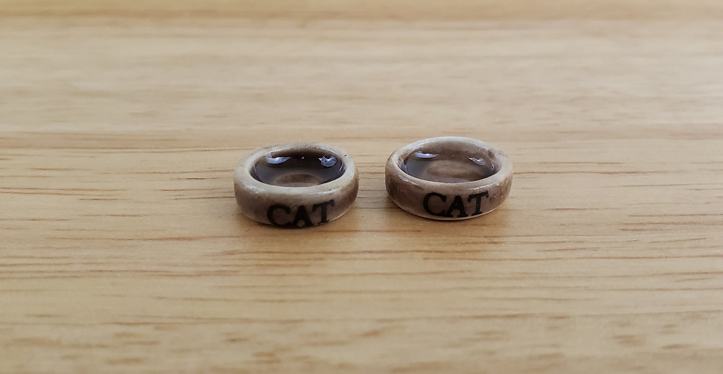 Dollhouse Cat Food Bowls Kitty Dish x2 Brown Ceramic 1:12 Scale Miniature