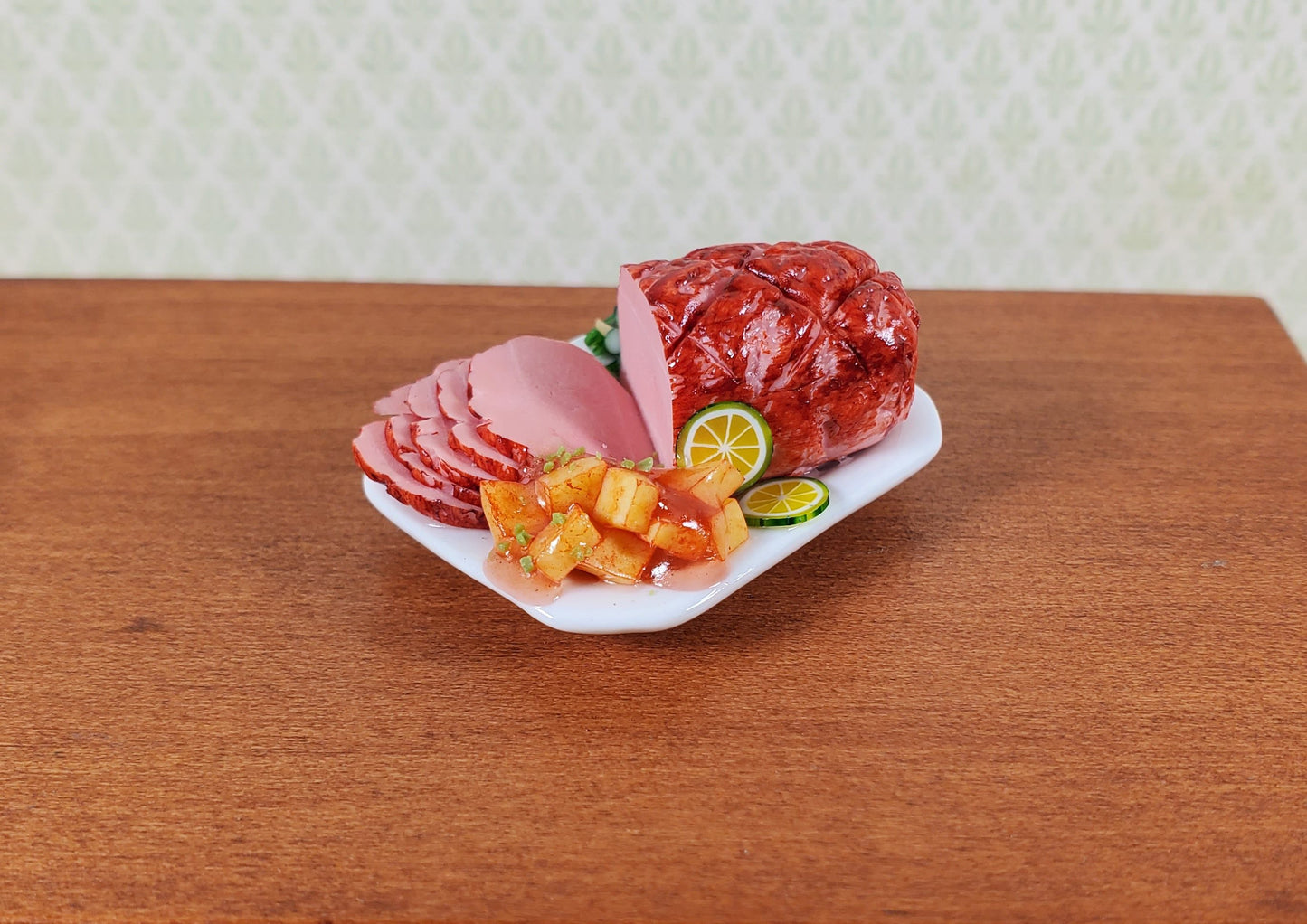 Dollhouse Sliced Ham with Sweet Potatoes on Ceramic Platter 1:12 Scale Miniature