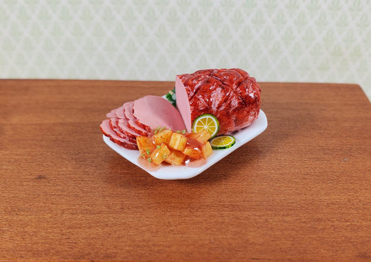 Dollhouse Sliced Ham with Sweet Potatoes on Ceramic Platter 1:12 Scale Miniature