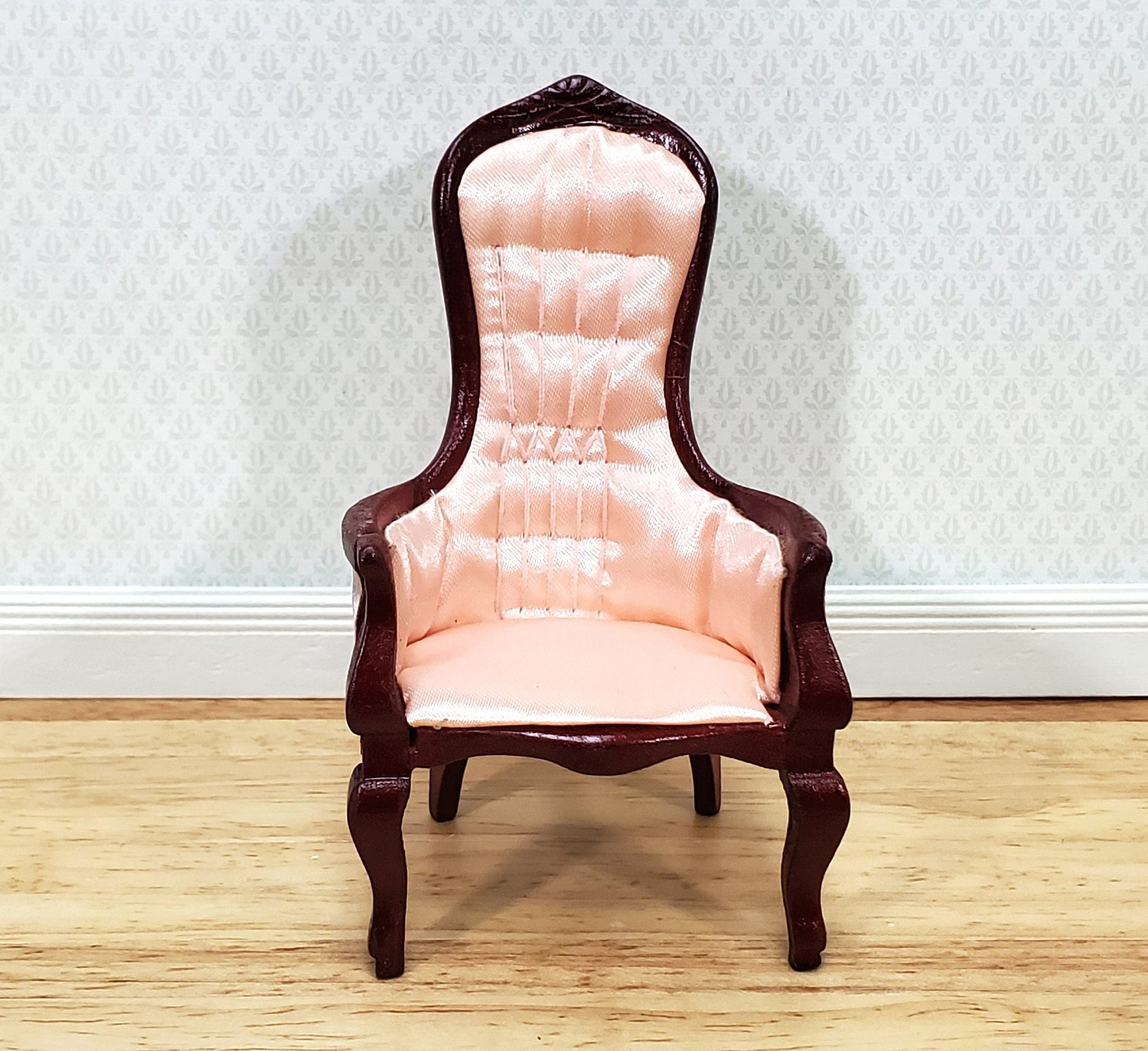 Dollhouse Gentlemen's Chair Victorian Pink & Mahogany Finish 1:12 Scale Miniature Furniture
