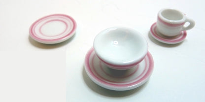 Dollhouse White with Pink Trim Ceramic Dinner Setting 1:12 Scale Miniatures