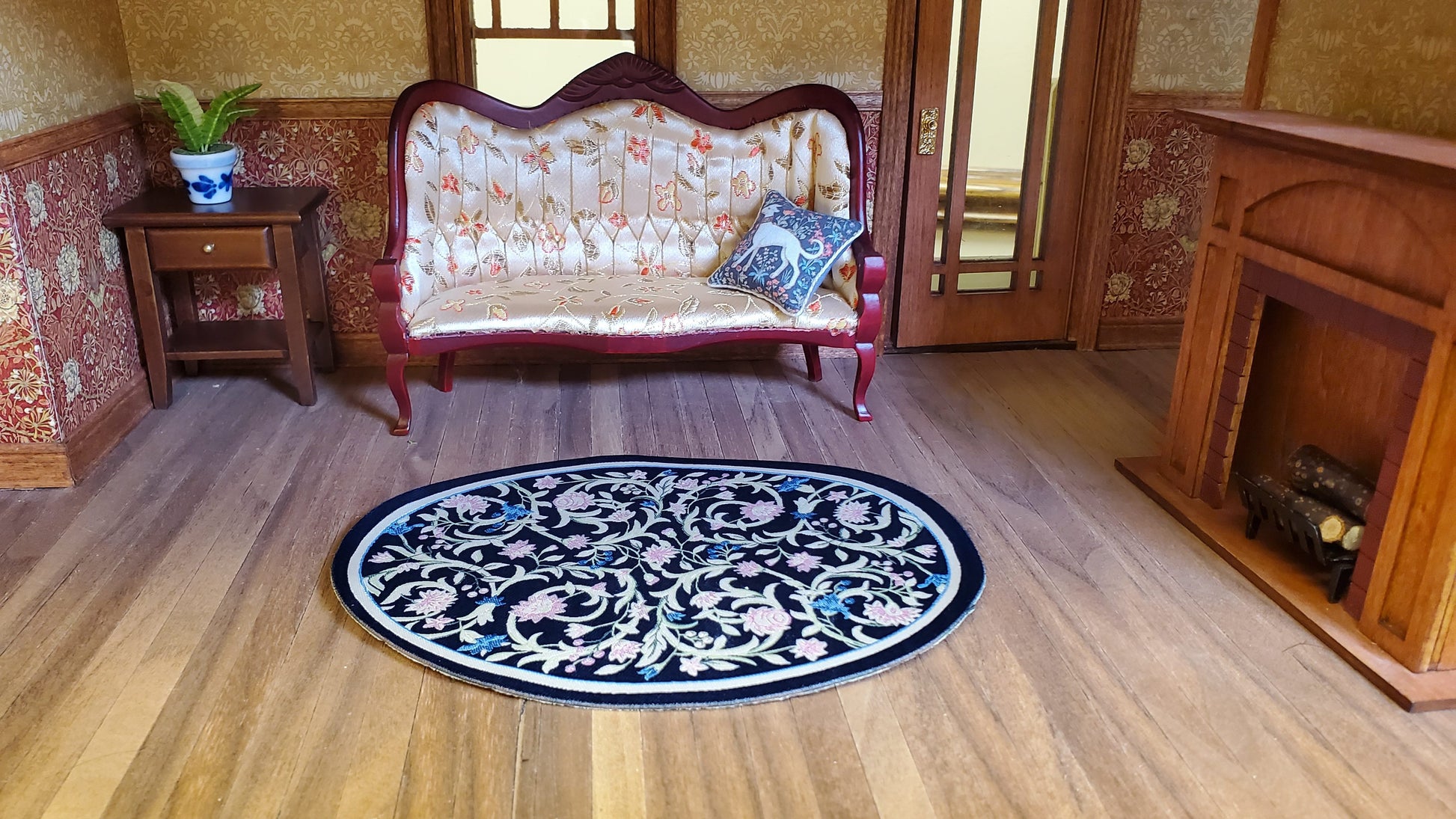 Dollhouse Oval Rug Fabric Navy Blue Pink Floral 1:12 Scale Miniature