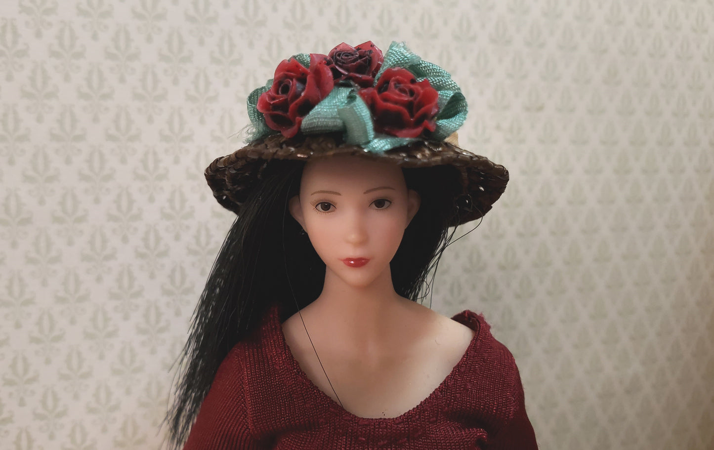 Dollhouse Victorian Hat Brown with Red Roses Handmade 1:12 Scale Miniature