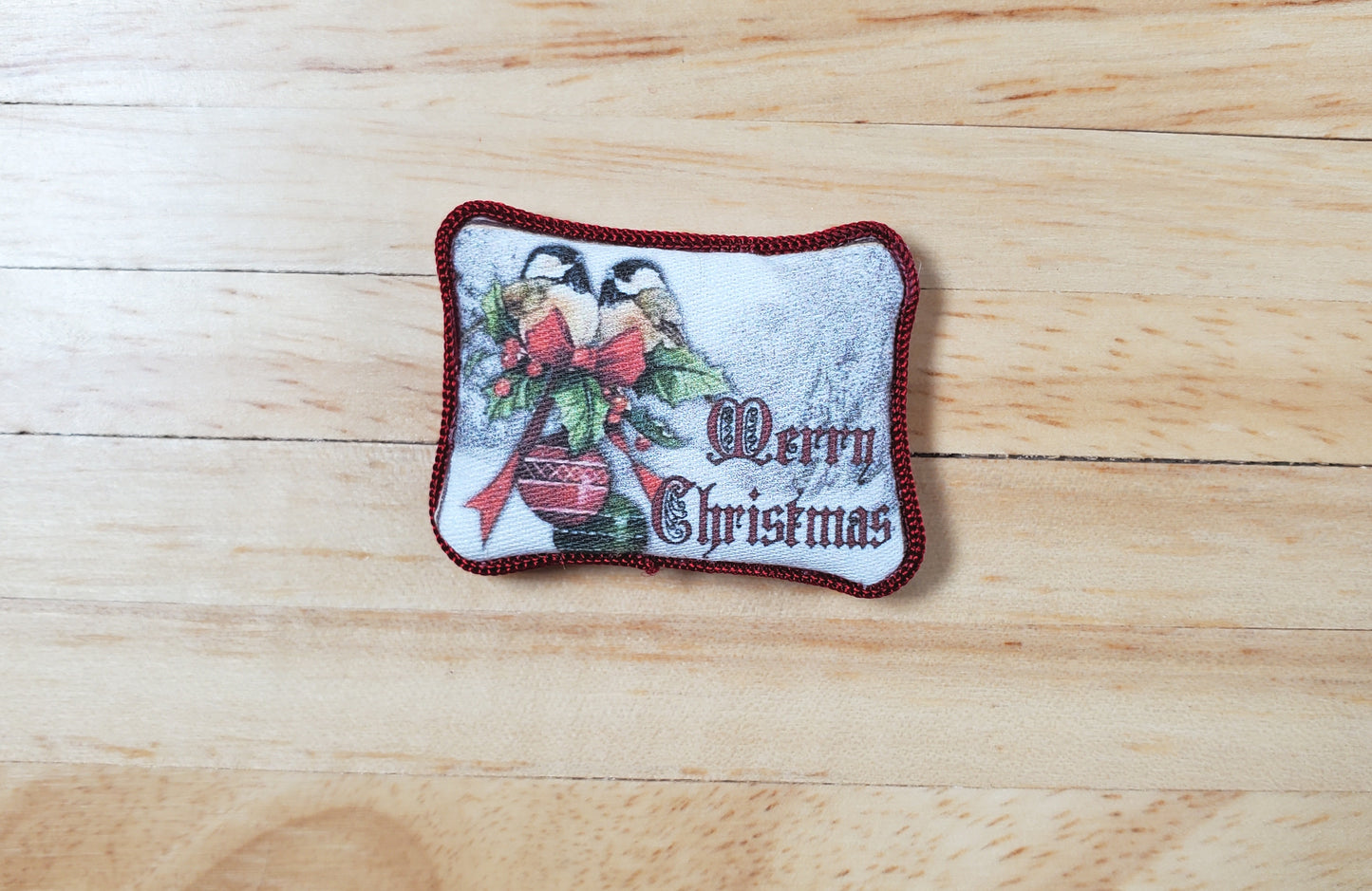 Dollhouse Christmas Pillow Chickadees & Holly Handmade 1:12 Scale Miniature