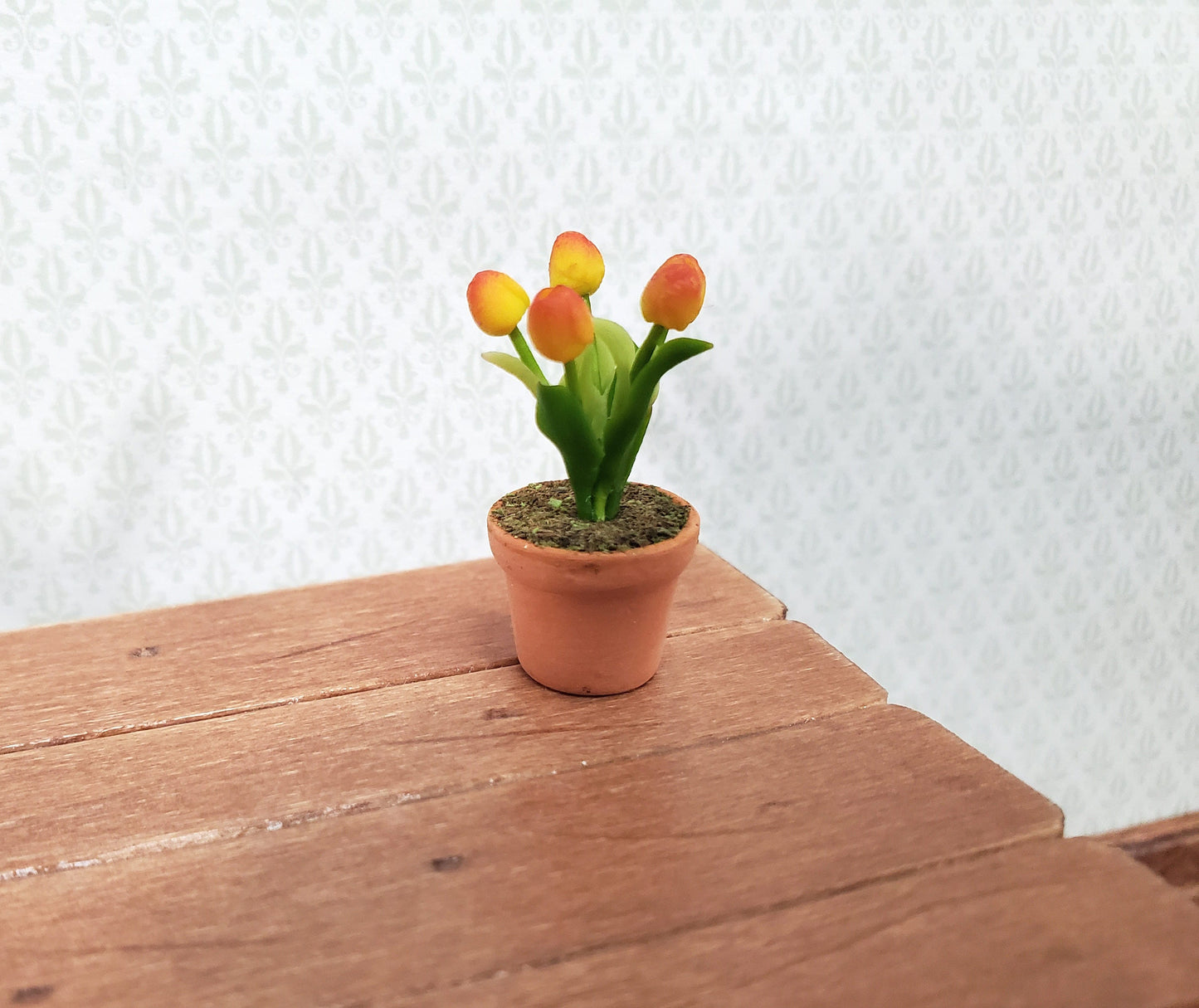 Dollhouse Yellow Orange Tulips in a Terra Cotta Planter Pot 1:12 Scale Miniature