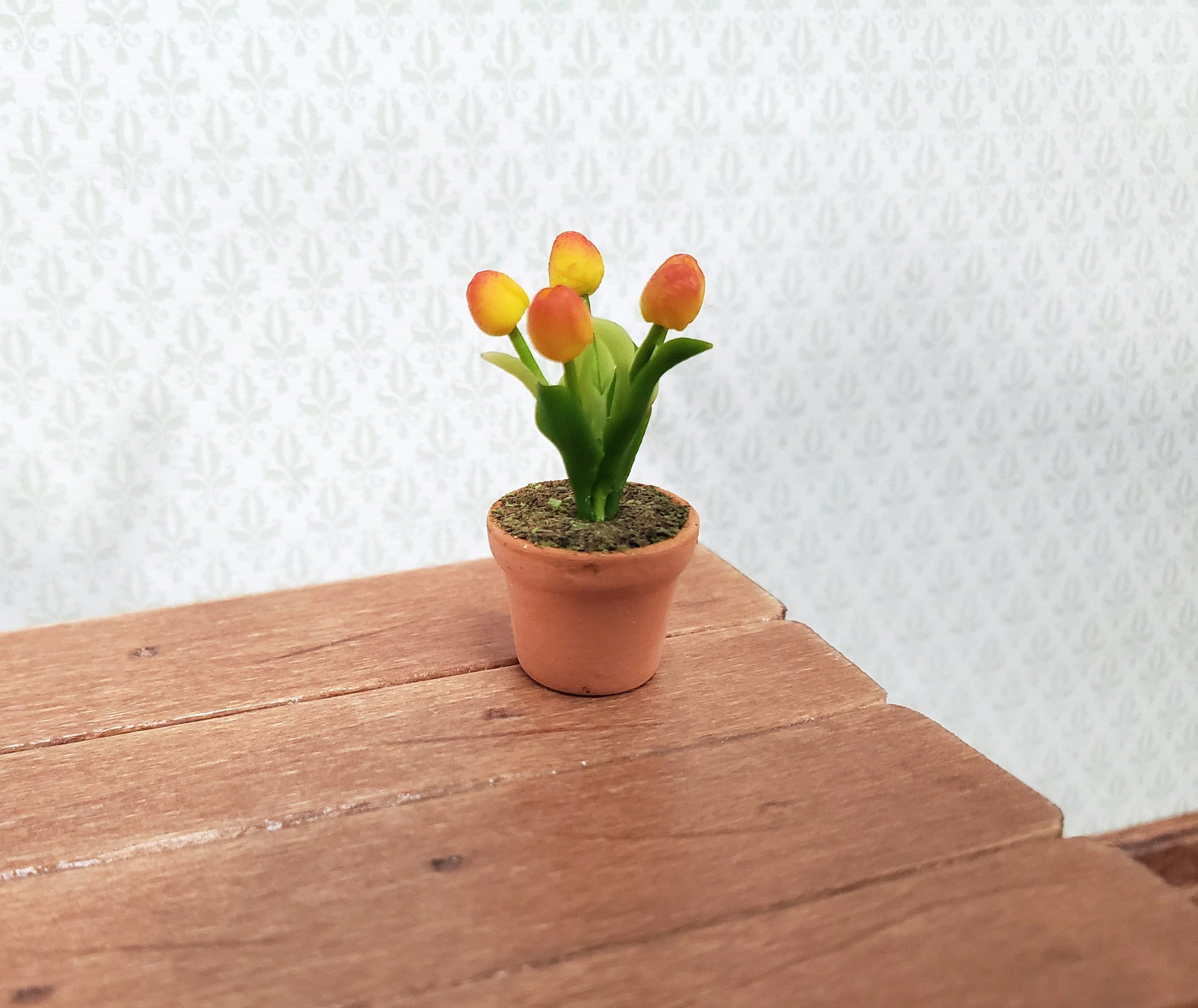 Dollhouse Yellow Orange Tulips in a Terra Cotta Planter Pot 1:12 Scale Miniature