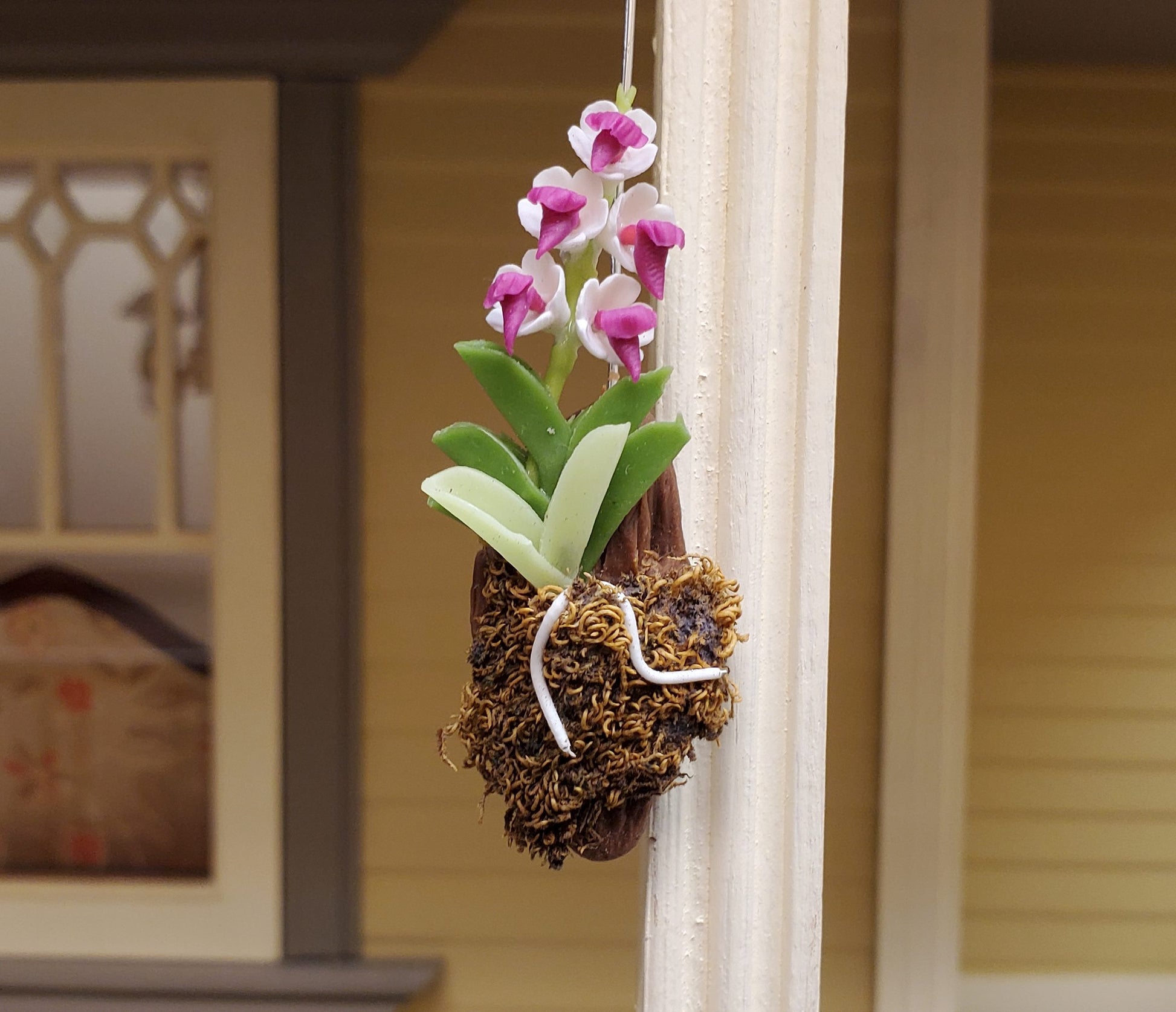 Dollhouse Hanging Orchid White Dark Purple Bark & Moss 1:12 Scale Plant