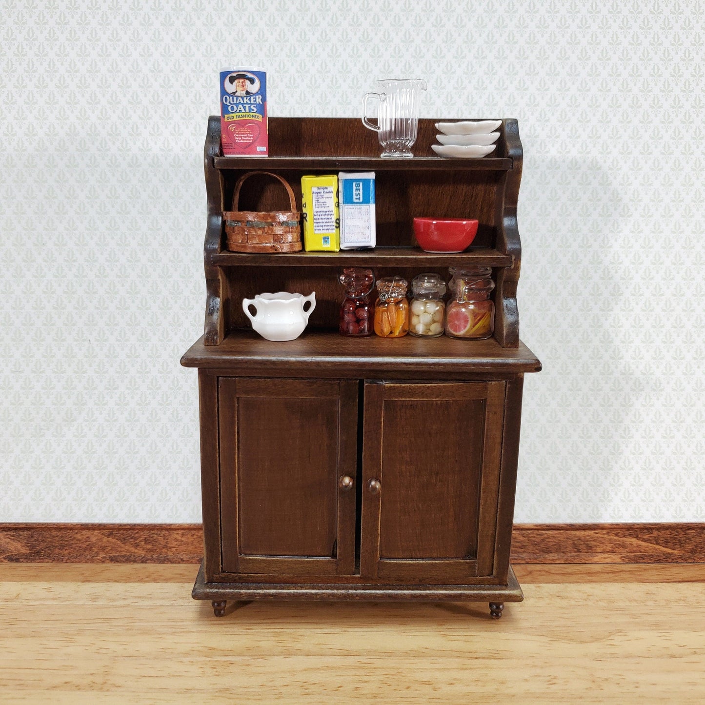 Dollhouse Tall Hutch Cabinet with Shelves Dark Walnut Finish 1:12 Scale Furniture