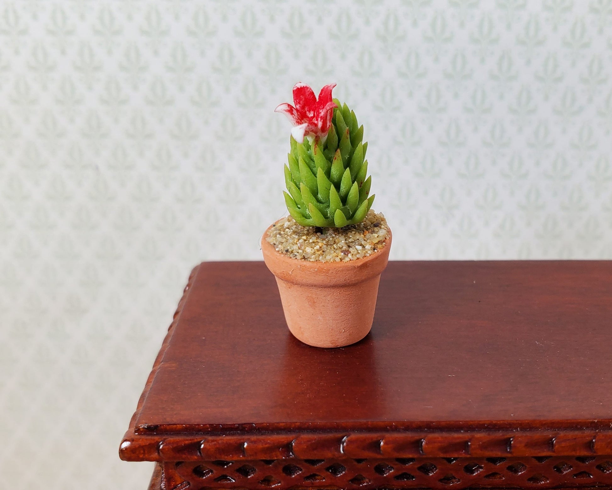 Dollhouse Pink Flowering Cactus Plant in a Terra Cotta Pot 1:12 Scale Miniature