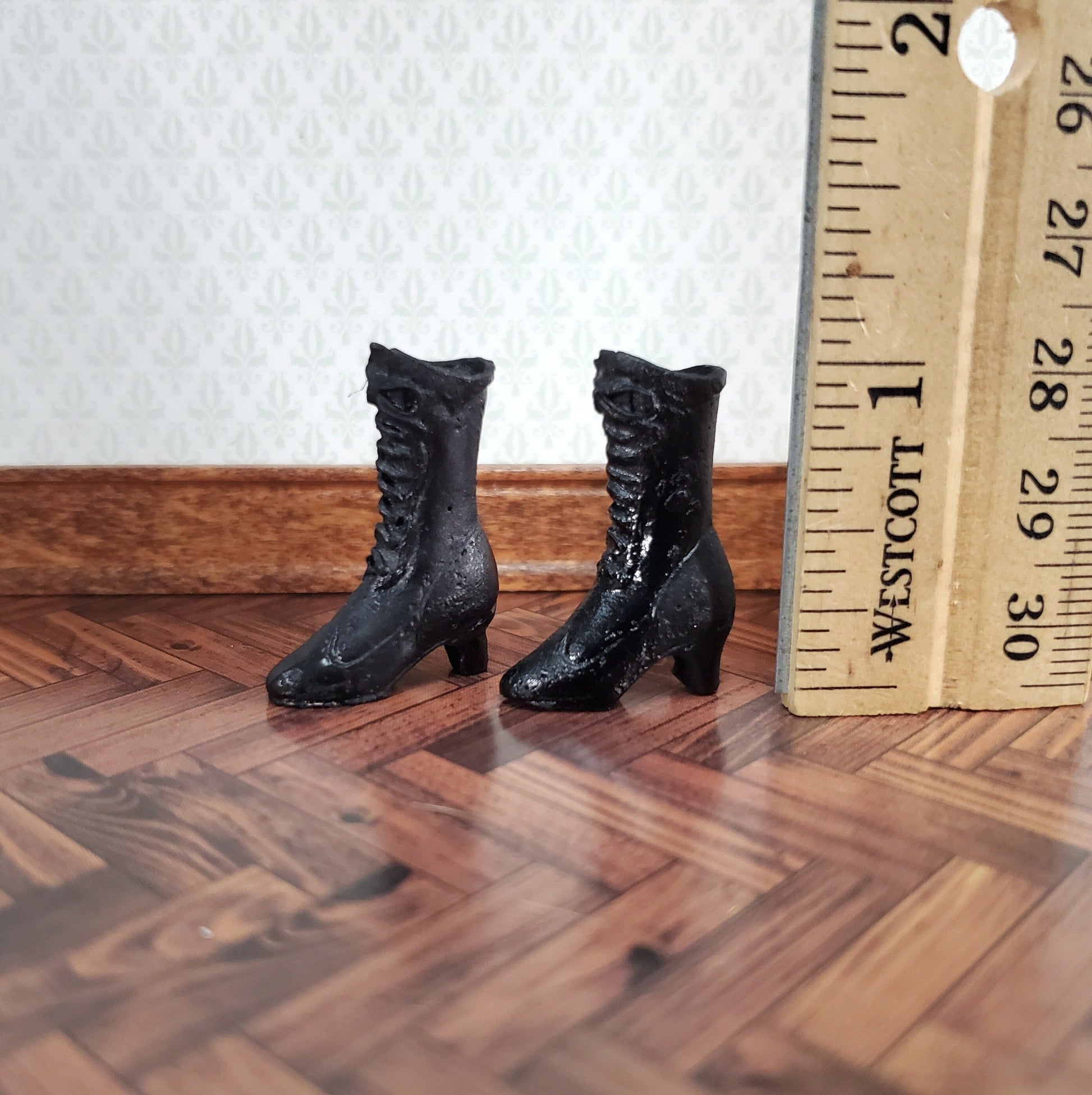 Dollhouse Victorian Boots Tall Black Lace Up Resin Miniatures 1 1/8" Tall