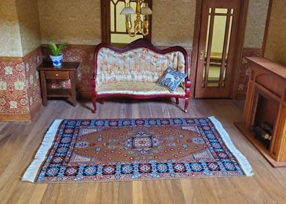 Dollhouse Rug Woven Fabric Large Brown Red Blue 1:12 Scale Miniature 9x6