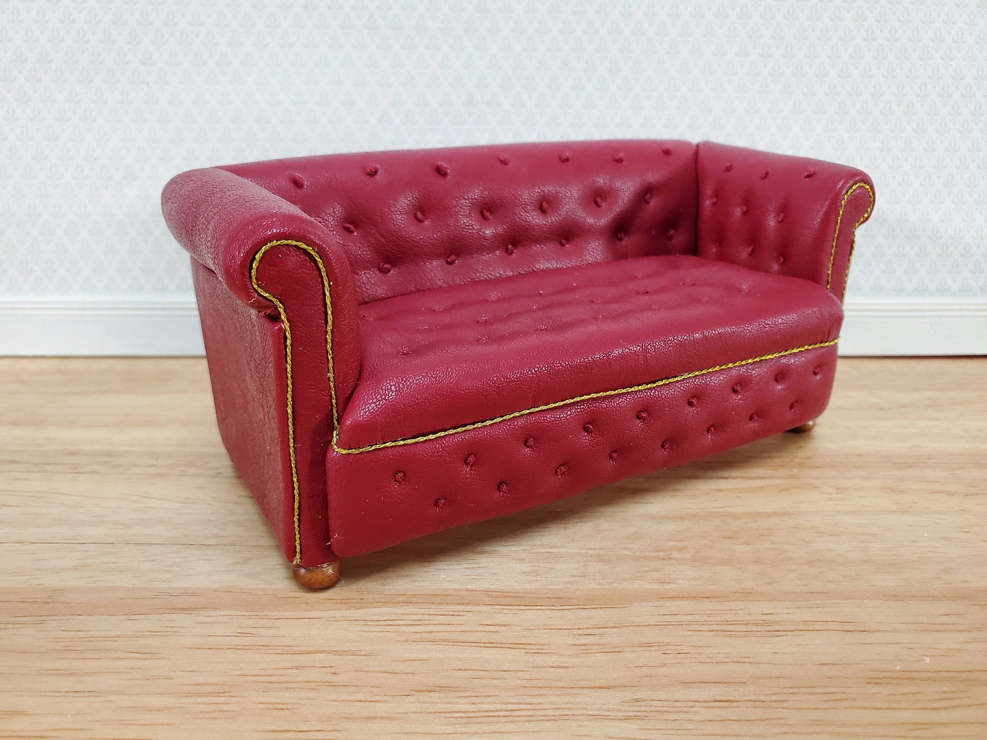 JBM Miniature Chesterfield Sofa Red Tufted Faux Leather 1:12 Scale Dollhouse Furniture