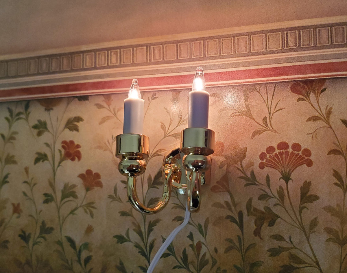 Dollhouse Double Candle Wall Sconce Gold 12 Volt with Plug 1:12 Miniature Light