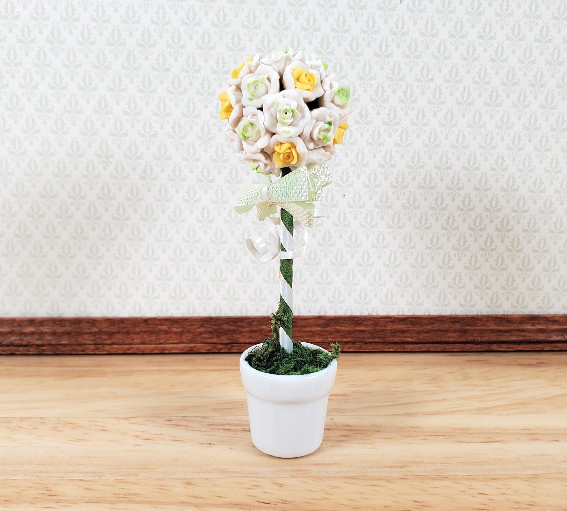 Dollhouse White Rose Wedding Topiary in a White Ceramic Pot 1:12 Scale Miniature