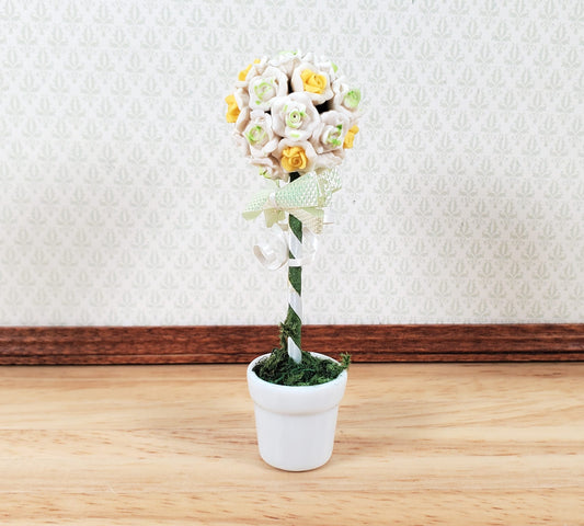 Dollhouse White Rose Wedding Topiary in a White Ceramic Pot 1:12 Scale Miniature